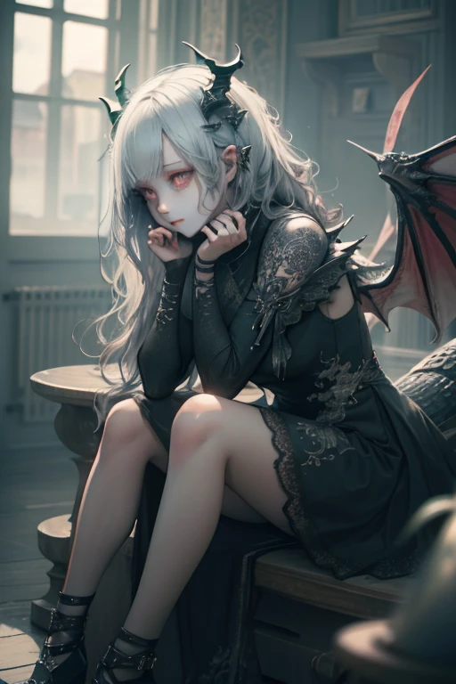 1girl, glowing eyes, wavy hair, scale-adorned dress, scales on face, dragon wings, dragon horns, scaled humanoid, sitting on knees, (Intricate details:1.2), (Highly detailed)