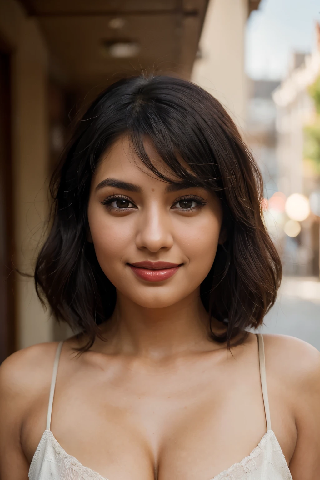 A close-up photo of a stunningly beautiful South Asian woman in her early 30s. Her face is a captivating blend of sweet and seductive features, with soft brown eyes the color of warm honey. Her luxurious, jet-black hair flows in a stylish mid-length cut. A pair of full, ruby red lips curve into a dazzling smile that lights up her entire face. Every detail of her expression radiates pure joy and happiness. Background is a soft, neutral blur, putting all the focus on her captivating beauty. Style: photorealistic, natural light.