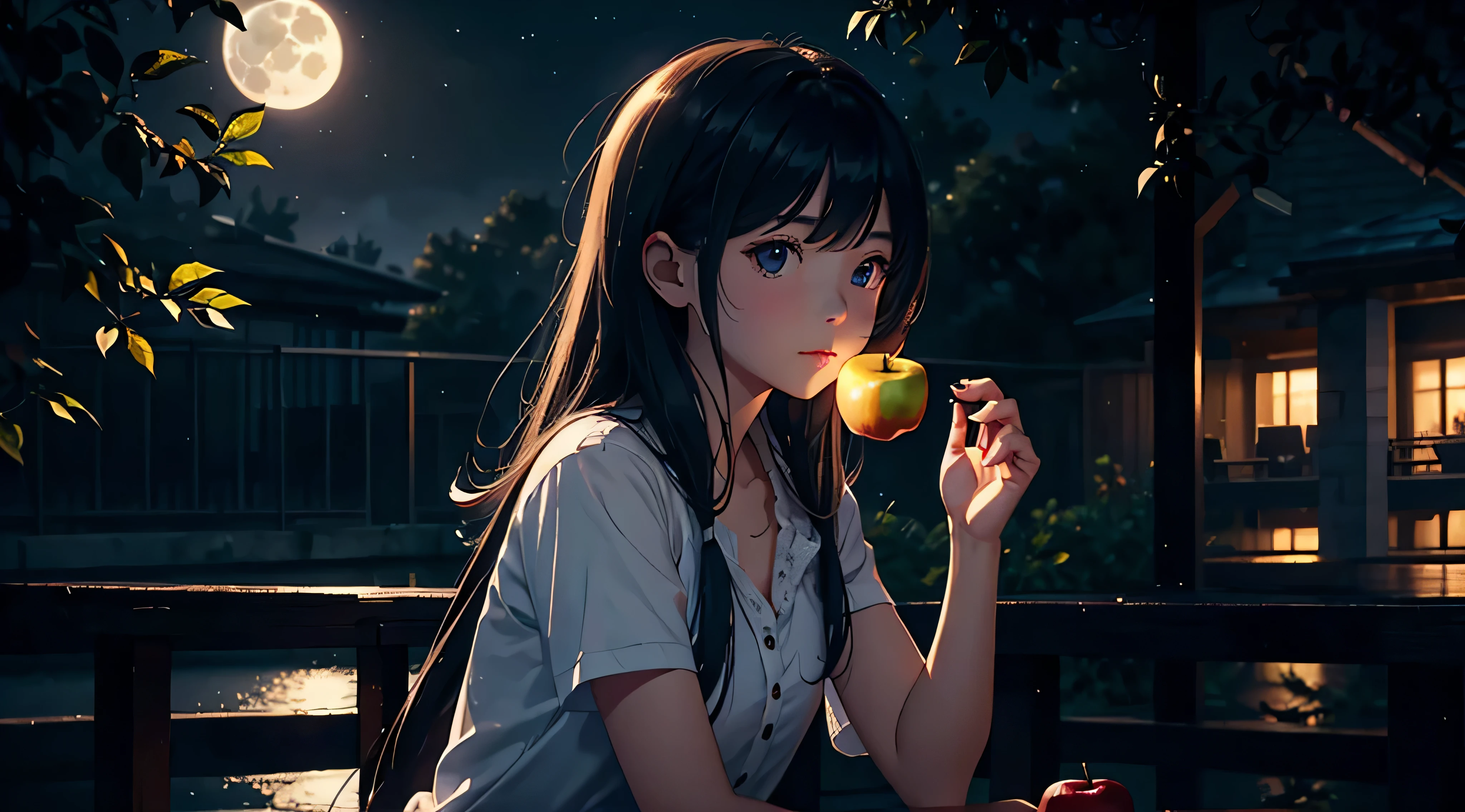 a girl eating an apple, in the night, in the light of the moon, volumetric lighting, volumetric shadows, Masterpiece, Best quality, sky, raining detail