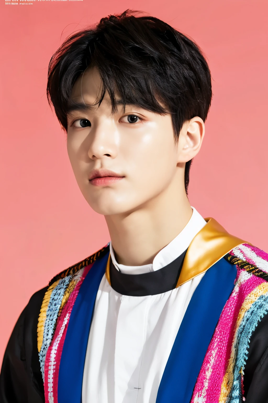 Full colorful background and backdrop,magazine photo,no text,Handsome korean male,Center-parted hairstyle,a cassock,worship