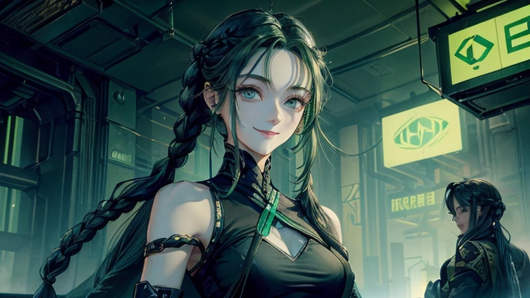 Cinema Lighting、highest quality,Cyberpunk World、1 female、Black Theme、(19-year-old beauty、Small breasts、Slender body、blue eyes)(Black and green hair、Braided Hairstyles、Shoulder-length hair:1.2)(Greet with a smile:1.4)、break.(Moss Green Hair)break (A fusion of a housekeeper&#39;s outfit and a black kimono embroidered with cherry blossom petals.:1.2), (Long kimono sleeves:1.3), break (A white half apron is worn over the kimono.:1.3), ((White brim, Maid's headband) With ruffles:1.3), break (Geta can:1.2),(Highly detailed and accurate hand and foot generation、Removal of excess body parts:1.4) stand、Morning cherry blossom viewing、(Under the cherry tree、Park lawn)