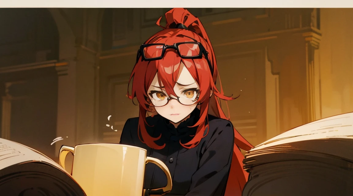 librarian, red hair, ponytail, ((glasses)), color palette black white red tea, golden eyes, high quality, masterpiece, mug on head, tired anime expression