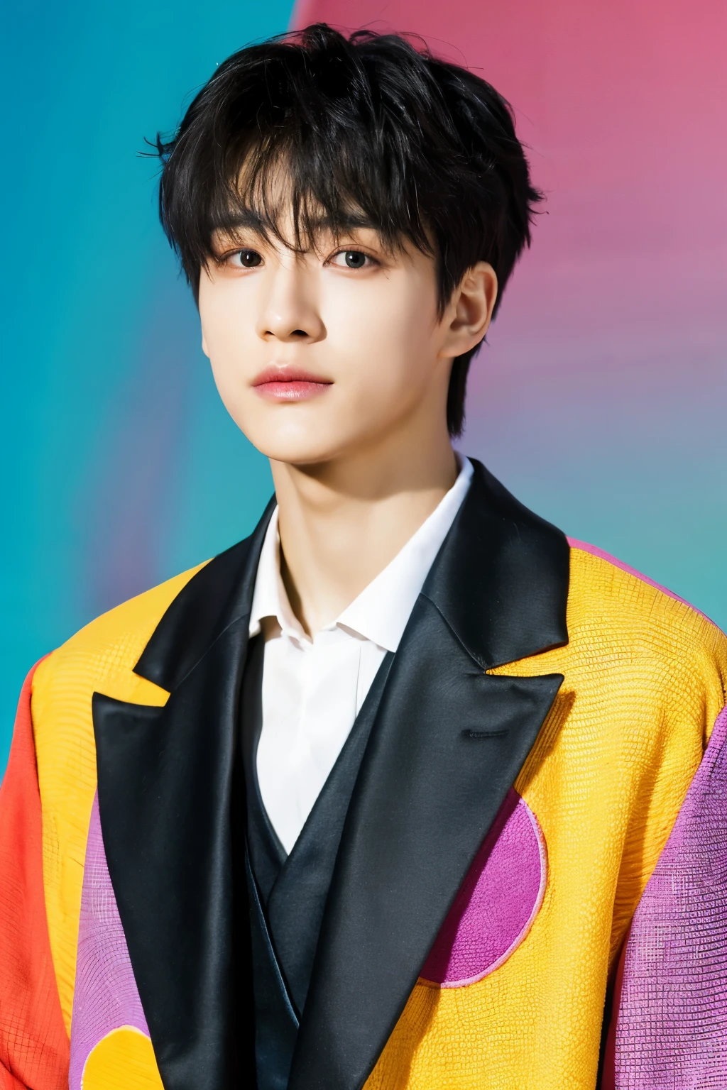 Full colorful background and backdrop,magazine photo,no text,short blazer,Handsome korean male,Center-parted hairstyle,a cassock,worship