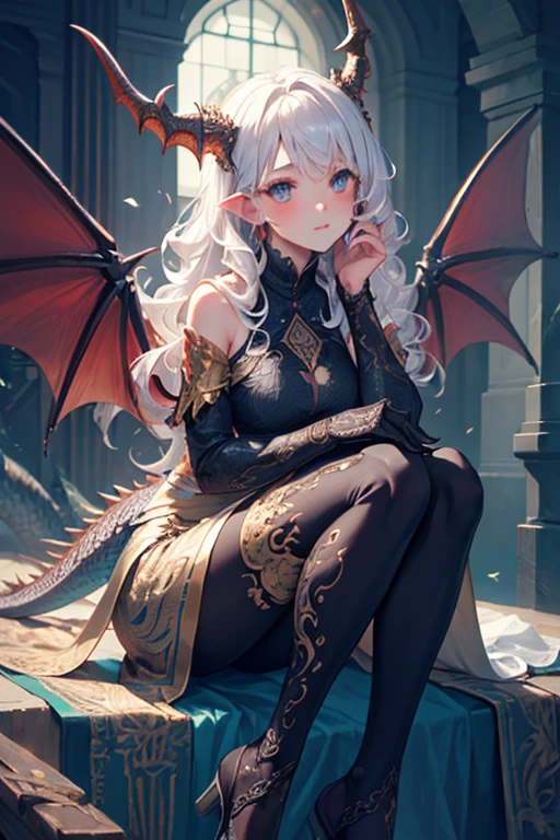 1girl, wavy hair, scales on face, dragon wings, dragon horns, scaled humanoid, sitting on knees, (Intricate details:1.2), (Highly detailed)