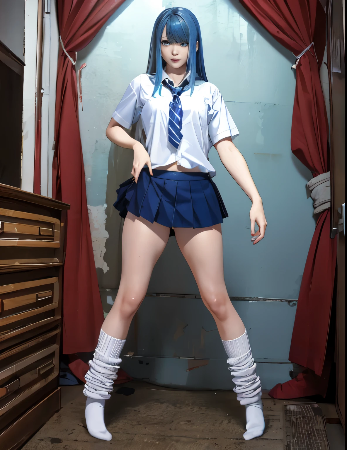 Are standing、Hair on one eye, Asymmetrical bangs,Character portrait、loose socks、Gradient Color Hair、Colorful Hair、squint、Messy Hair、Blunt bangs cut、Pleated skirt、Black Shirt、Striped Hair、Messy Hair、Sloppy、squint、Drunk、( fool / Sexual Ecstasy)、highest quality, Realistic, Super delicate illustration, Beautiful and attractive anime girl, Slender body, Tied Hair, One Girl, Girl Photos, Full Body Shot, Beautiful Blue Eyes,