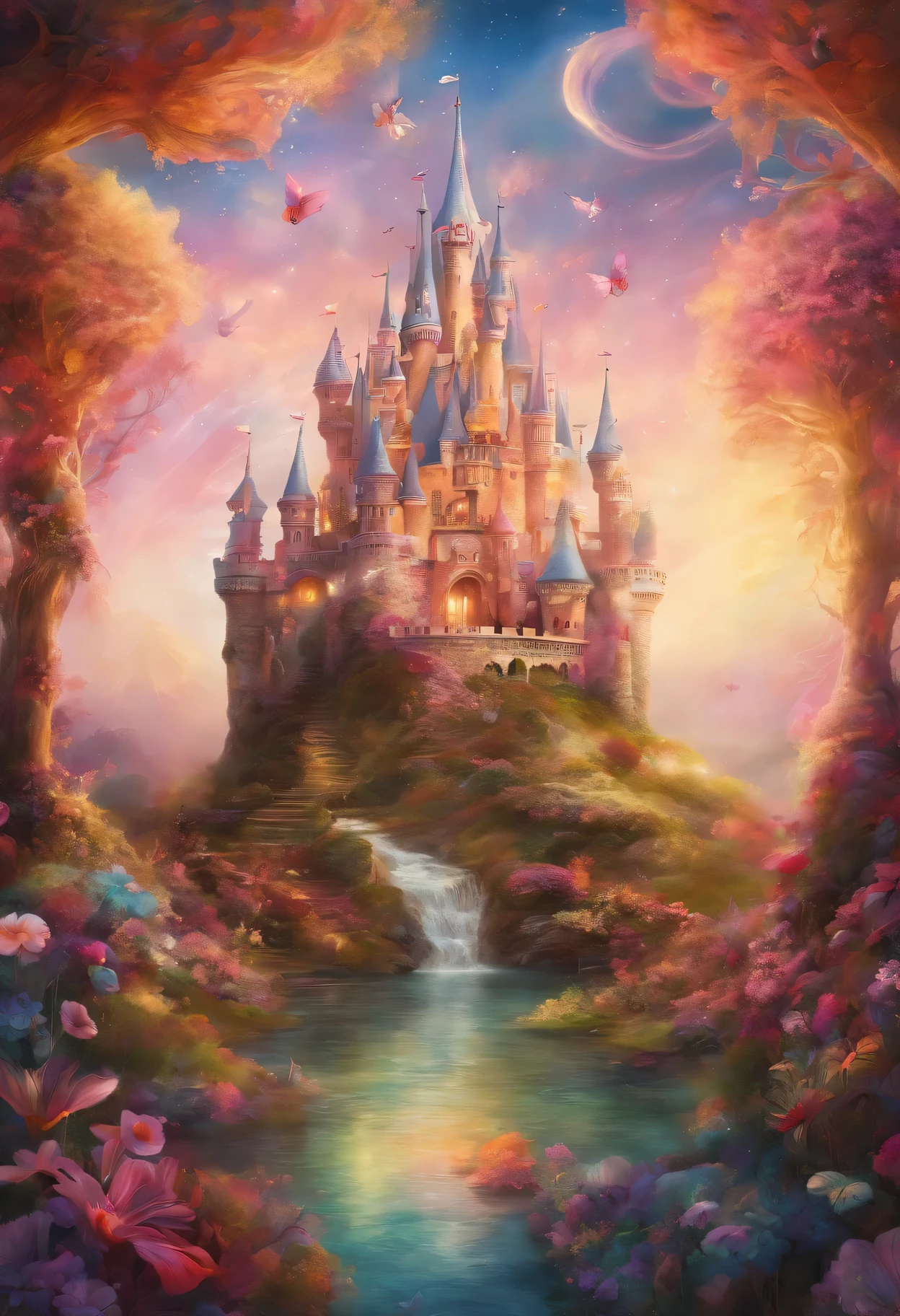 Dream castle, like heaven, imaginary world, utopia, fairyland, soft tones