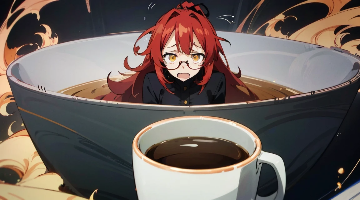 librarian, red hair, ponytail, ((glasses)), color palette black white red tea, golden eyes, high quality, masterpiece, (mug on head), (((exaggerated tired anime expression)))