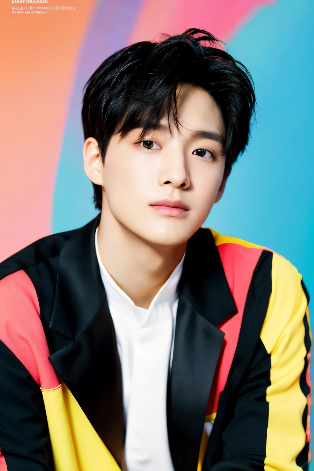 Full colorful background and backdrop,magazine photo,no text,short blazer,Handsome korean male,Center-parted hairstyle,a cassock,worship,Tilt angle,