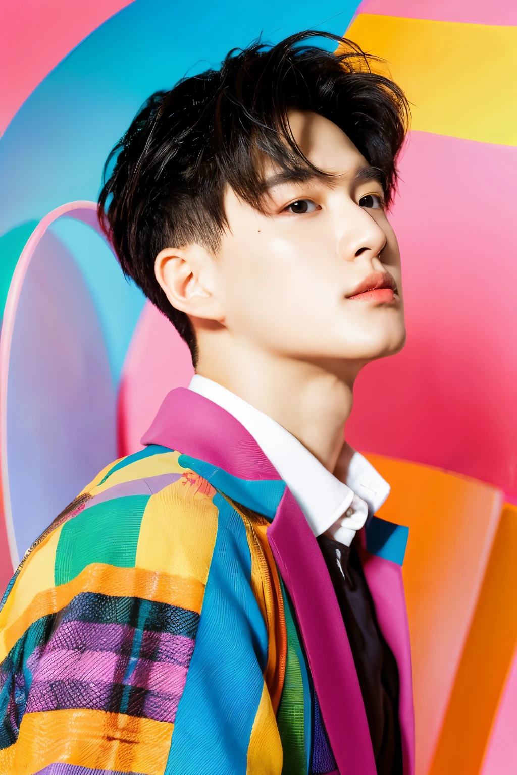 Full colorful background and backdrop,magazine photo,flower prop,no text,short blazer,Handsome korean male,Center-parted hairstyle,a cassock,worship,angle tilted to the side,