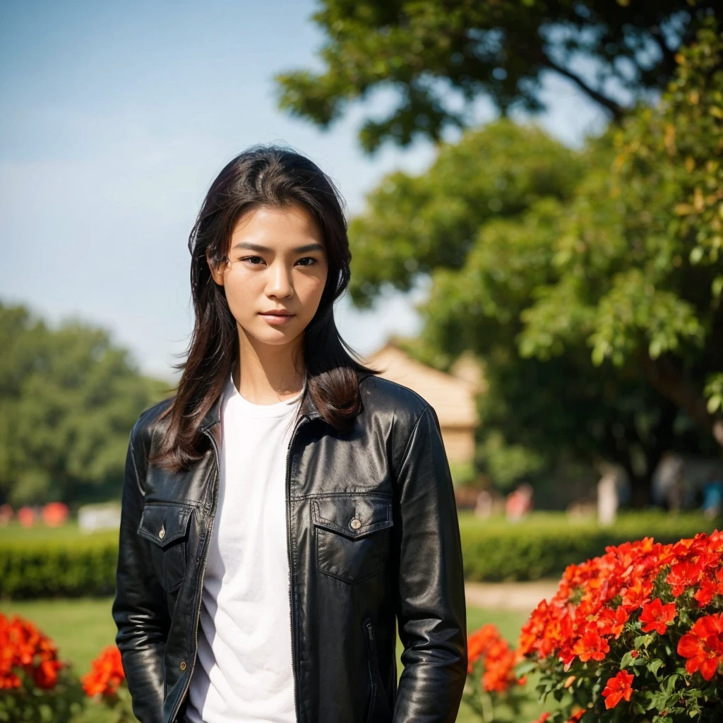 (best quality,45,000,000 Chili Cell:1.2),ultra-detailed,realistic,photorealistic:1.37,portrait,Asian woman,25 years old,beautiful detailed face,long flowing hair,blue and red plaid shirt,thatched hut with red flowers,open countryside,different action poses,vivid colors,professional,camera photos.