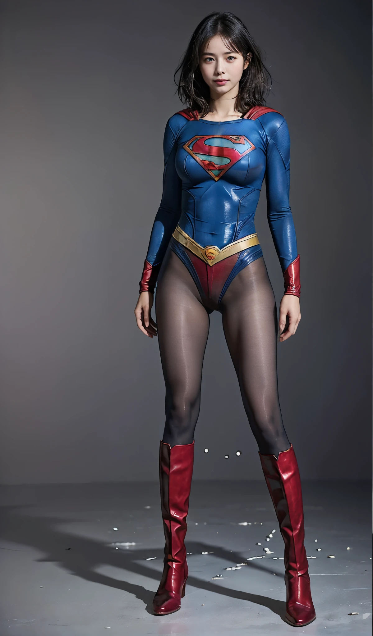 No background、(((Beautiful legs in black tights.)))、(((Legally express the beauty of your smile)))、((((Make the most of your original images)))、(((Supergirl Costume)))、(((Beautiful short bob hair)))、(((suffering)))、(((Please wear black tights....、Wear red boots)))、((Best image quality、8k))、((highest quality、8k、masterpiece:1.3))、(((Preserve background )))、Sharp focus:1.2、Beautiful woman with perfect figure:1.4、Slim Abs:1.2、Wet body:1.5、Highly detailed face and skin texture、8k