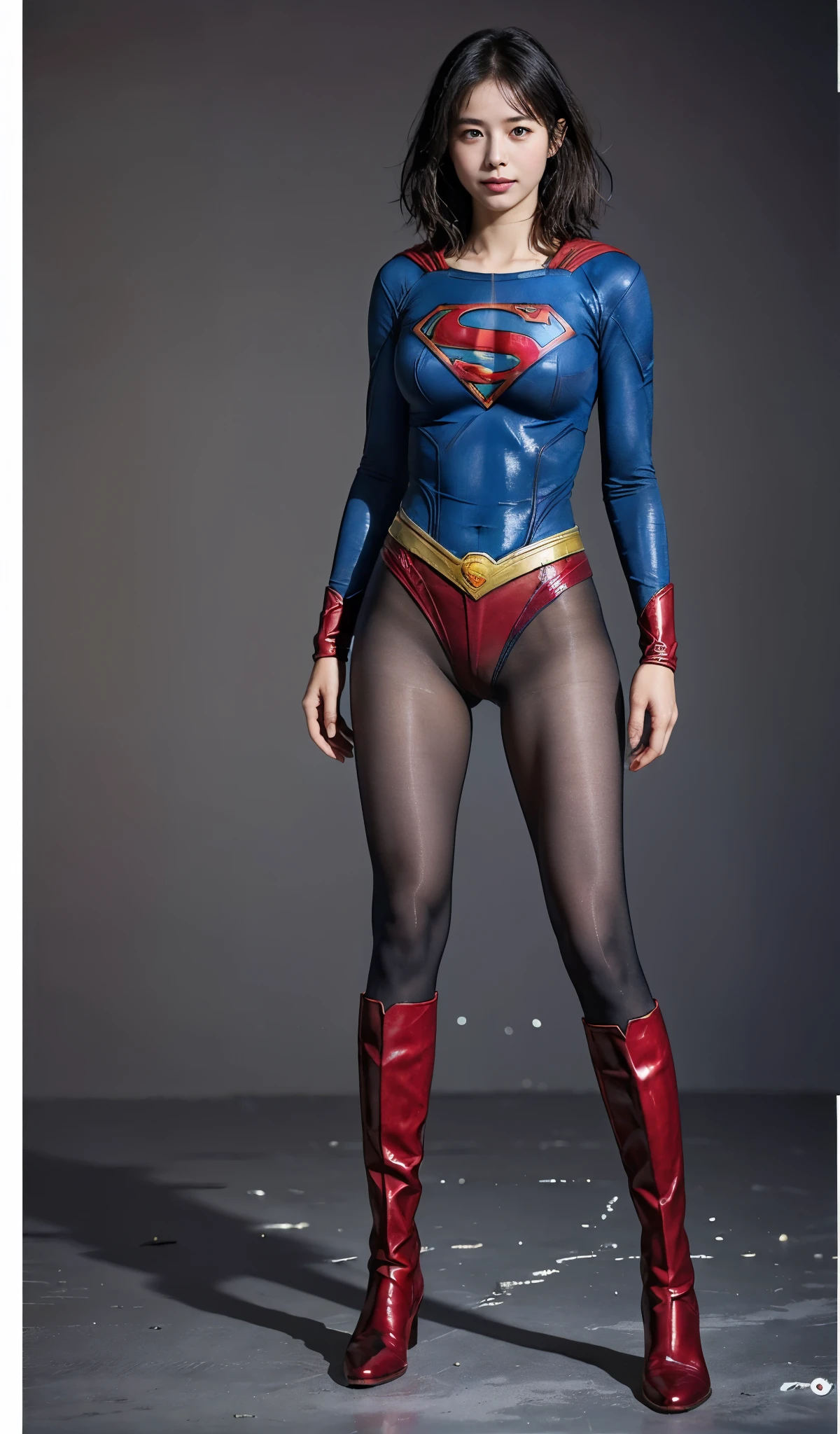 No background、(((Beautiful legs in black tights.)))、(((Legally express the beauty of your smile)))、((((Make the most of your original images)))、(((Supergirl Costume)))、(((Beautiful short bob hair)))、(((suffering)))、(((Please wear black tights....、Wear red boots)))、((Best image quality、8k))、((highest quality、8k、masterpiece:1.3))、(((Preserve background )))、Sharp focus:1.2、Beautiful woman with perfect figure:1.4、Slim Abs:1.2、Wet body:1.5、Highly detailed face and skin texture、8k