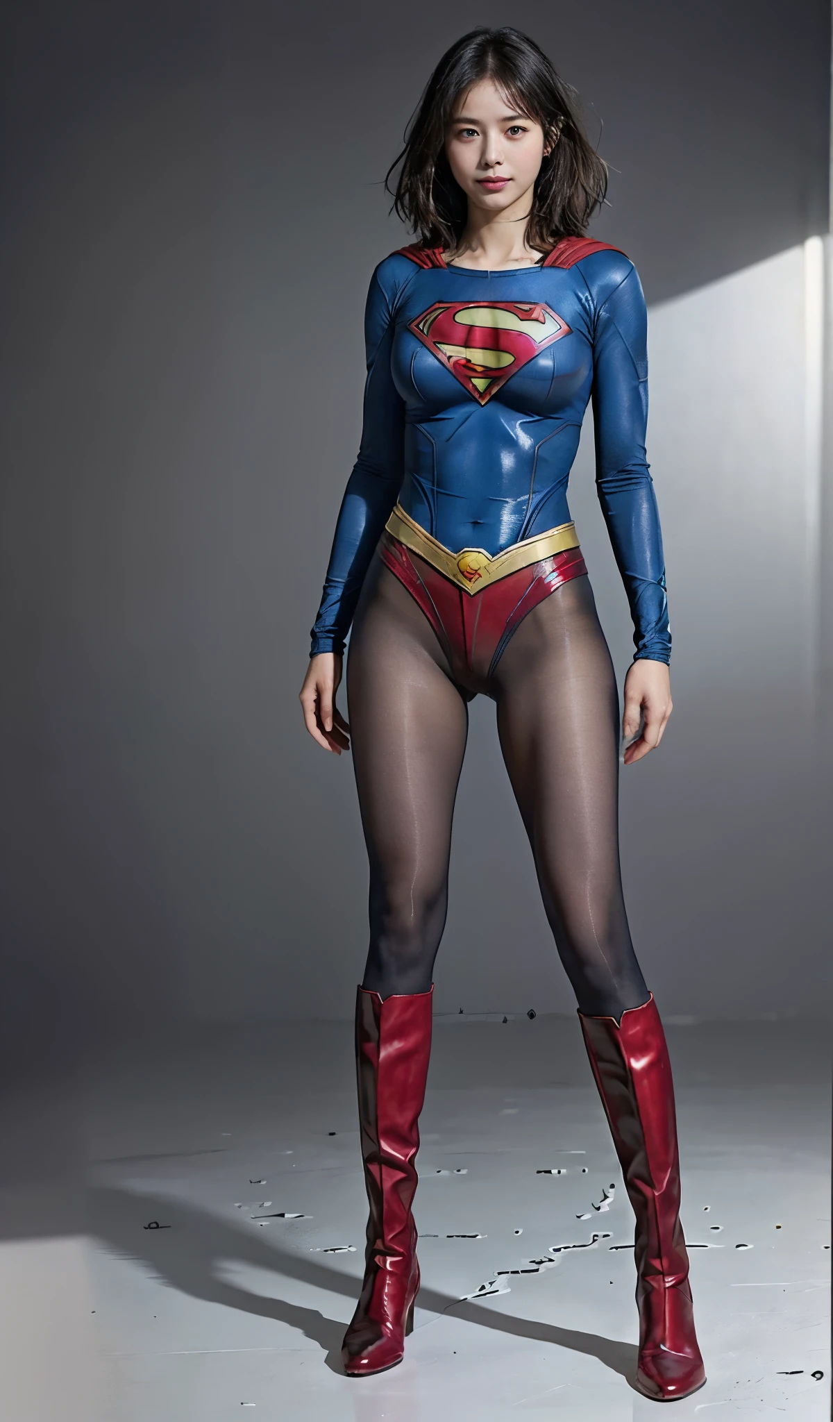 No background、(((Beautiful legs in black tights.)))、(((Legally express the beauty of your smile)))、((((Make the most of your original images)))、(((Supergirl Costume)))、(((Beautiful short bob hair)))、(((suffering)))、(((Please wear black tights....、Wear red boots)))、((Best image quality、8k))、((highest quality、8k、masterpiece:1.3))、(((Preserve background )))、Sharp focus:1.2、Beautiful woman with perfect figure:1.4、Slim Abs:1.2、Wet body:1.5、Highly detailed face and skin texture、8k