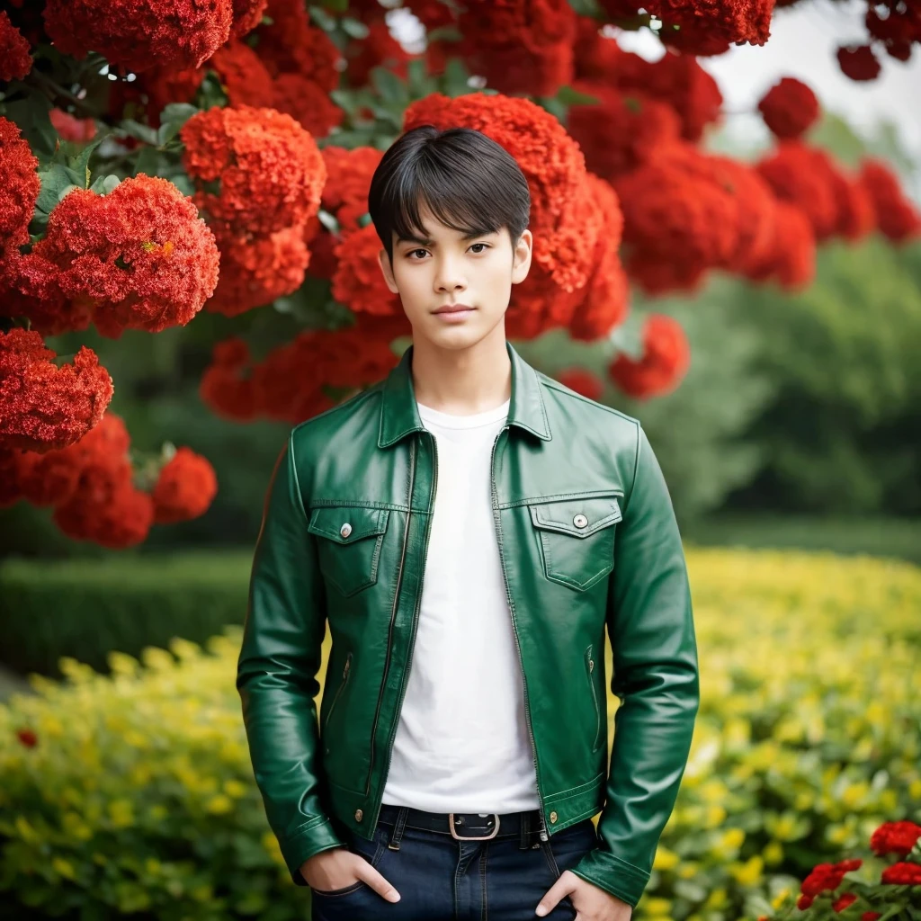 (best quality,45,000,000 Chili Cell:1.2),ultra-detailed,realistic,photorealistic:1.37,portrait,Asian woman,25 years old,beautiful detailed face,long flowing hair,blue and red plaid shirt,thatched hut with red flowers,open countryside,different action poses,vivid colors,professional,camera photos.