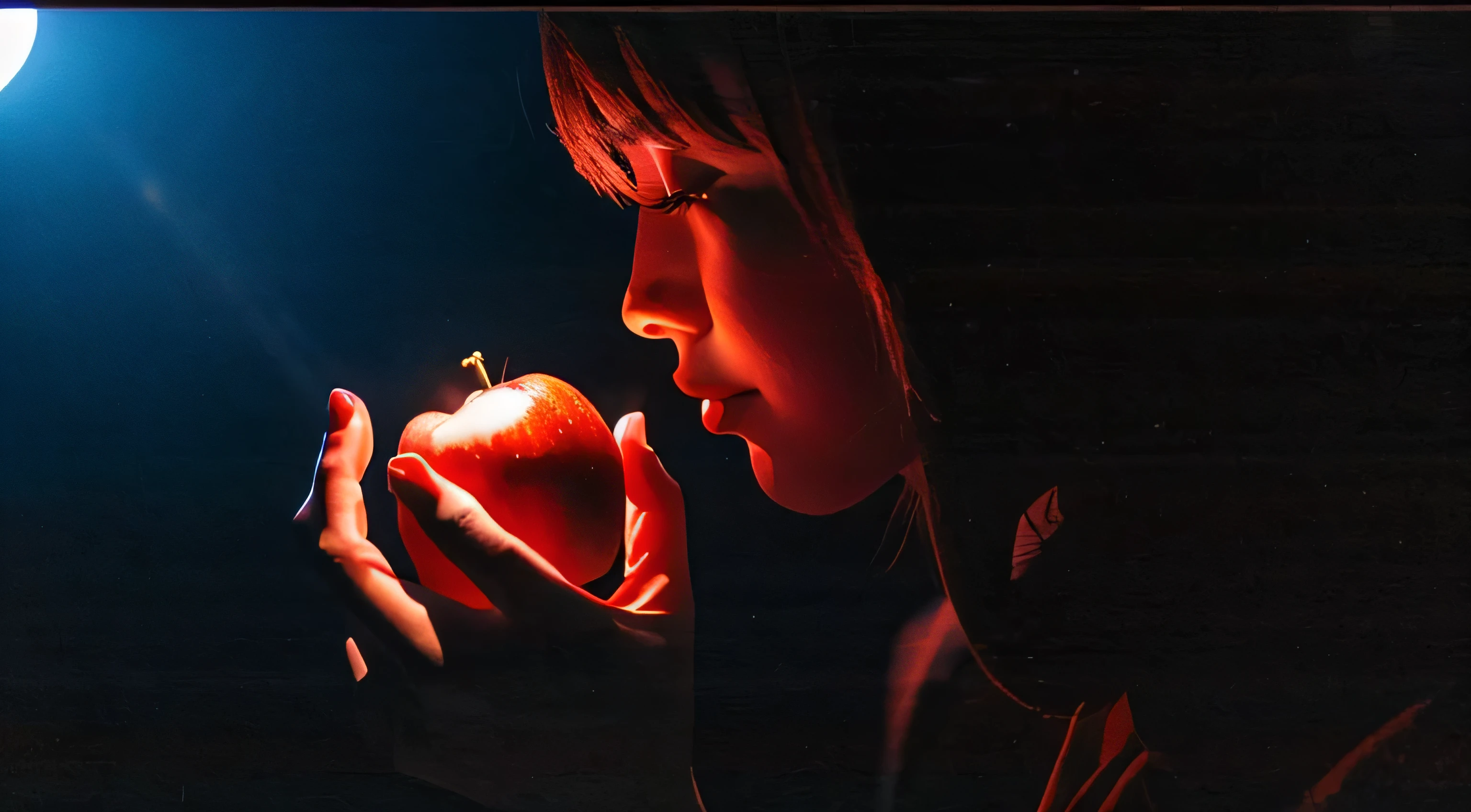 a shinigami eating a red apple, in the night, in the light of the moon, volumetric lighting, volumetric shadows, Masterpiece, Best quality, sky, raining detail