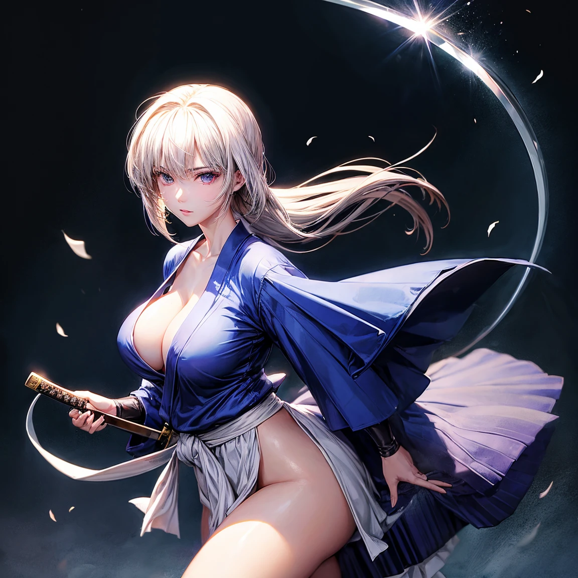 （（high quality、masterpiece、detailed、Normal body、５This finger））、Beautiful Girl Swordsman（（Bust: 100cm、Holding a Japanese sword in his right hand:、Hold the sheath in your left hand、Silver Hair、Mystical Eyes））、Black Robe、White Skirt:1.2、moonlight、wielding a Japanese sword、Sword Drawing Technique、yes、Japan Pulling the sword out of its sheath、Feminization:1.7、Camel Toe、Giant tit、Nipple Puffs、Cleavage、Plump、Super big breasts、Super big butt、sexy、sexyポーズ、lure