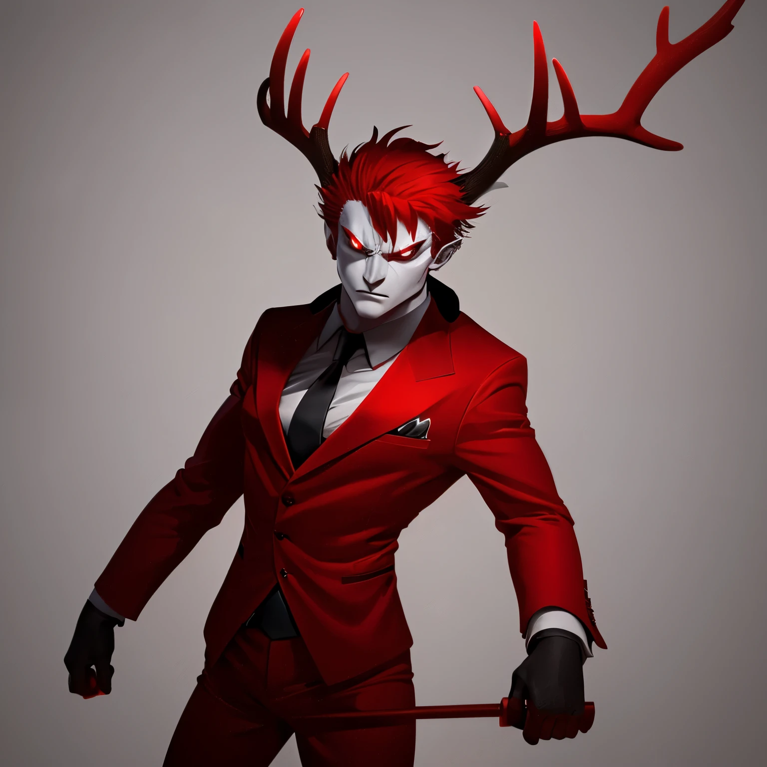 Deer demon, red hair, red business suit, red eyes, grey skin