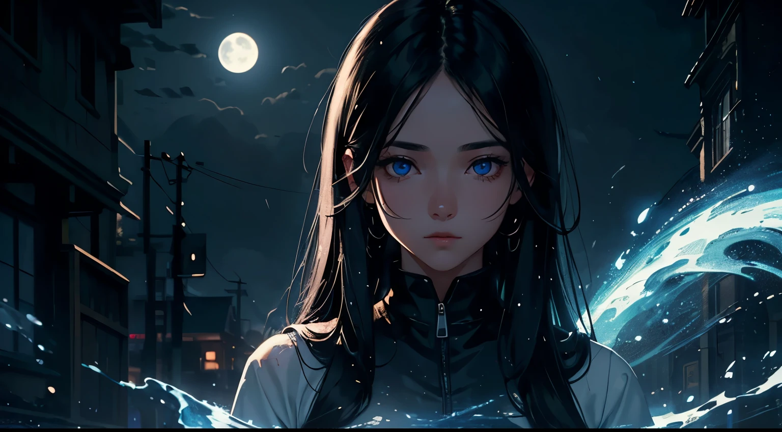 ((best quality)), ((masterpiece)), (detailed), perfect face, a girl with black hair,long hair, blue eyss, in the night, in the light of the moon, volumetric lighting, volumetric shadows, Masterpiece, Best quality, sky, raining detail,