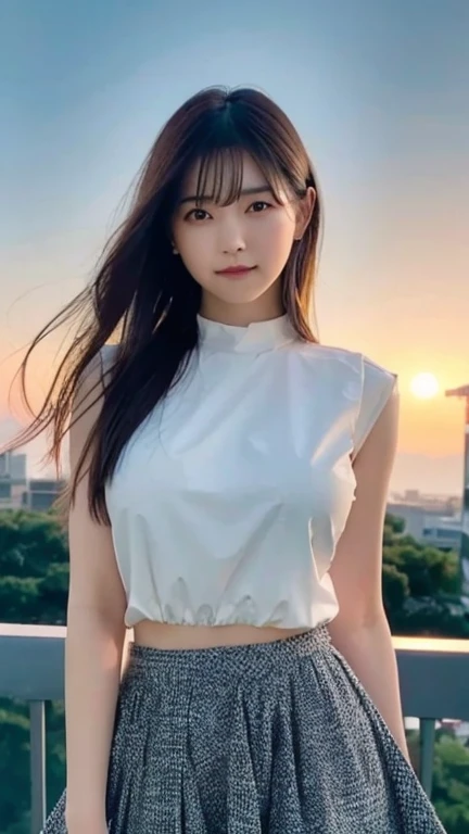 (highest quality,masterpiece:1.3,Ultra-high resolution),(Very detailed,Caustics,8k),(Realistic:1.4,RAW shooting),Shrapnel,Japanese,23 years old,cute,Are standing,(I'm looking at the camera with a smile on my face),Black hair medium hair,(Big Breasts:1.3),White blouse,Knee-length skirt,Strong winds,Hair blowing in the wind,rooftop,Backlight,sunset,sunset sky,Waist up shot,Natural light