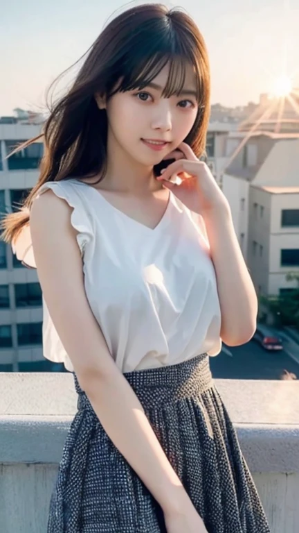 (highest quality,masterpiece:1.3,Ultra-high resolution),(Very detailed,Caustics,8k),(Realistic:1.4,RAW shooting),Shrapnel,Japanese,23 years old,cute,Are standing,(I'm looking at the camera with a smile on my face),Black hair medium hair,(Big Breasts:1.3),White blouse,Knee-length skirt,Strong winds,Hair blowing in the wind,rooftop,Backlight,sunset,sunset sky,Waist up shot,Natural light