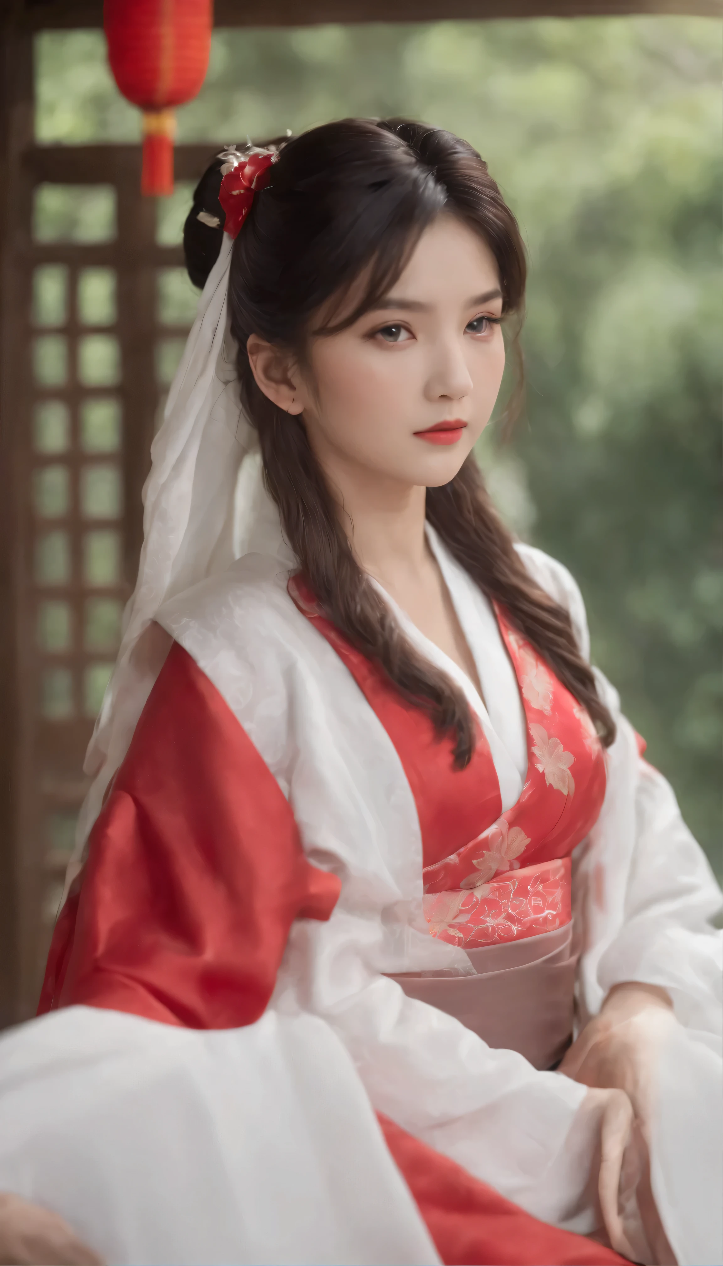 with high definition images，The mysterious beauty of the lonely shrine maiden, Shirarei Reimu、Captured with stunning cinematic artistry。Her long, flowing hair is decorated with a delicate white ribbon.、Shrine maiden in red traditional costume、This masterpiece highlights the intricate details of her outfit。Her large breasts and wide hips are skillfully rendered with meticulous attention to detail.、This solo female character has feminine curves.。By skillfully using lighting and shadows、Gives your image fascinating depth、Reimu&#39;s figure is brought to life。