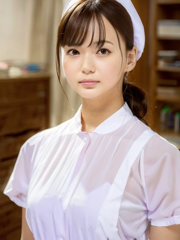 1 girl,(Wearing white nurse clothes:1.2),(RAW Photos, highest quality), (Realistic, photo-Realistic:1.4), masterpiece, Very delicate and beautiful, Very detailed, 2k wallpaper, wonderful, finely, Very detailed CG unity 8k wallpaper, Very detailed, High resolution, Soft Light, Beautiful detailed girl, Very detailed eyes and face, Beautiful and detailed nose, finely beautiful eyes, Perfect Anatomy, Black Hair, Upstyle, nurse uniform, ((nurse cap)), Long skirt, nurse, White costume, thin, hospital, clear, White Uniform, hospital room, Neck auscultation, ((Upper Body))