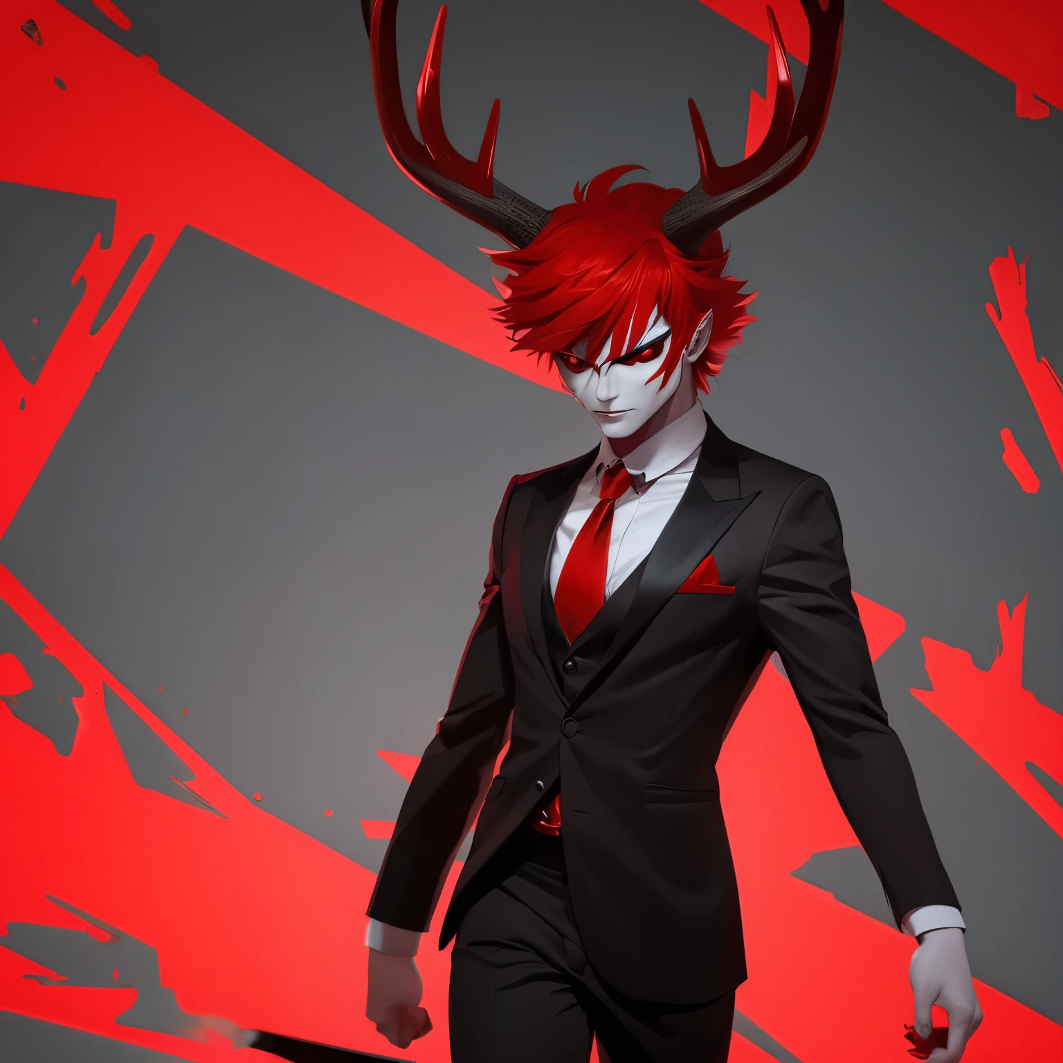 Deer demon, red hair, red business suit, red eyes, grey skin