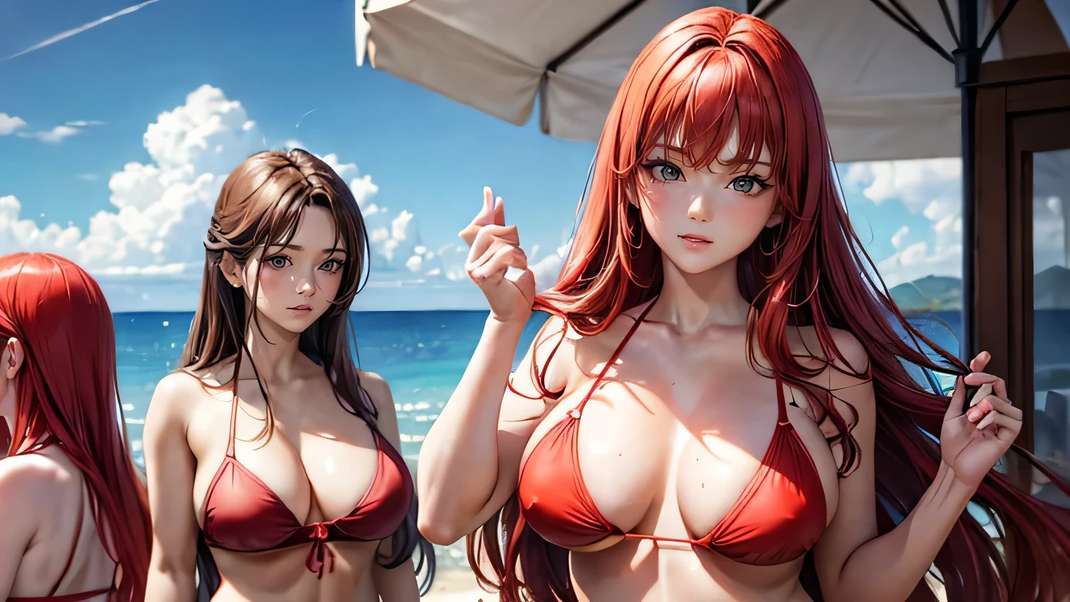 (oil, masterpiece, highest quality, Super detailed, Focus on the characters), Red hair、Beauty、Detailed facial expression depiction，Detailed hair depiction,([return:0.8]|[ face facing returnwards:1.1]), Super ,
Red Bikini,([Summer Sea Scenario:1.2]|[ ground:1.3]| [High Contrast:1.1])  