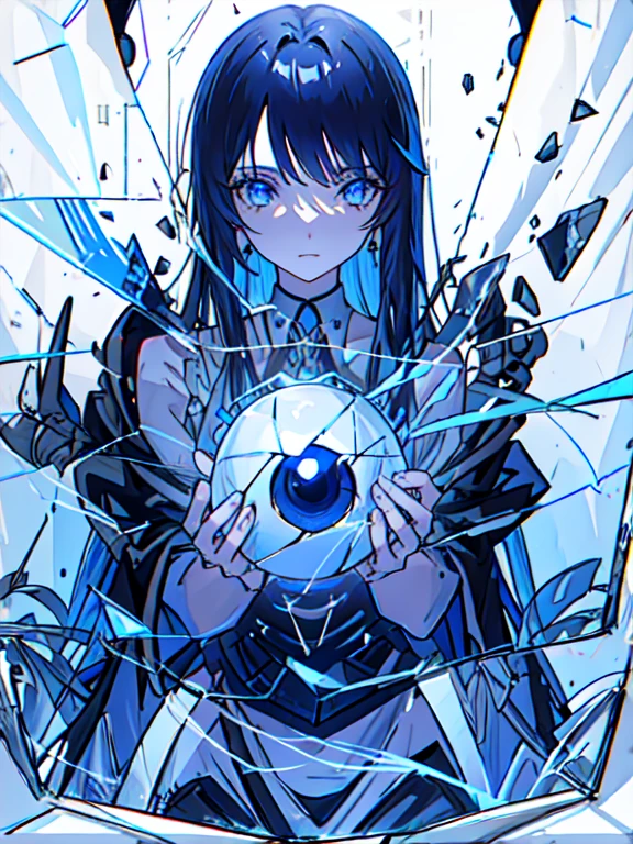 (((Obra maestra))), (((mejor calidad))), ((ultra detallado)), (highly detailed CG illustration), ((un extremadamente delicado y hermoso)), cinematic light, negro rock shooter (personaje),inexpresivo, negro_cabello,blue_eyes,bikini,abrigo, Cuello,departamento_pecho, front-tie_arriba, Correa,botas, roto, diafragma, scar, estrella_\(symbol\), (dos colas:1.4), desigual_dos colas, (ojo llameante:1.2),delicado tablero de barandilla de vidrio reflectante y alto, manos, Science fiction,extremadamente detallado,vistoso,more detailed, roto glass, multiple_chicas, reflection, brillante