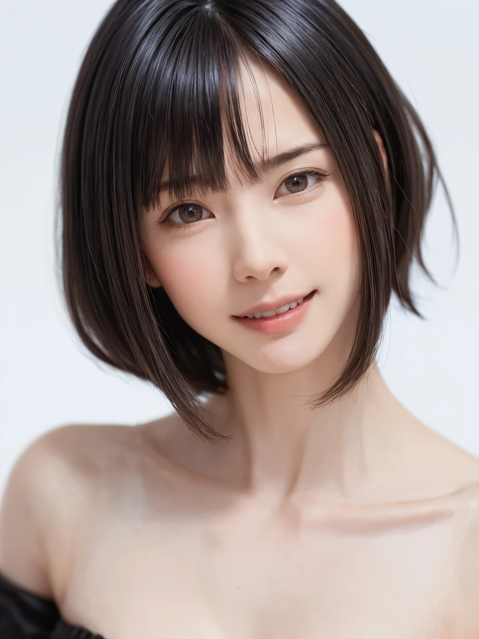 1 girl, alone, Beautiful Skin, very detaileded, ultra detaileded, Ultra-high resolution, (Photorealism:1.4), (highest quality), (Best Shadow), detailed, Perfect lighting, Black Hair, ((Showpiece, highest quality, High precision)), One Girl, (Realistic: 1.4), (look up at the camera even a little, カメラをlook up, look up, look up at the camera, Looking into the camera))), alone, White Background, snow-White Background, shut up., smile, pretty Black Hair, short hair:1.6, Big eyes, Beautiful double eyelids, eyelash, listen, Long neck, 美しいLong neck, Absolute area, ((Face close-up, short hair with bangs、Short Bob Hair:1.5、Off the shoulder)), 19 years old, Attractive proportions, Shiny skin, Beautiful clavicle, Golden ratio face, Perfect Face, Teardrop-shaped mole, Mole on chest, bangs, clean bangs, beautiful bangs, Lip gloss, Thin lips, White skin, I took off my clothes, Small face, Small face, 少し上を向いてLooking into the camera, ((smile a little for the camera, really nothing pure White Background, Listen carefully, big 胸、Dynamic Angle:1.5))