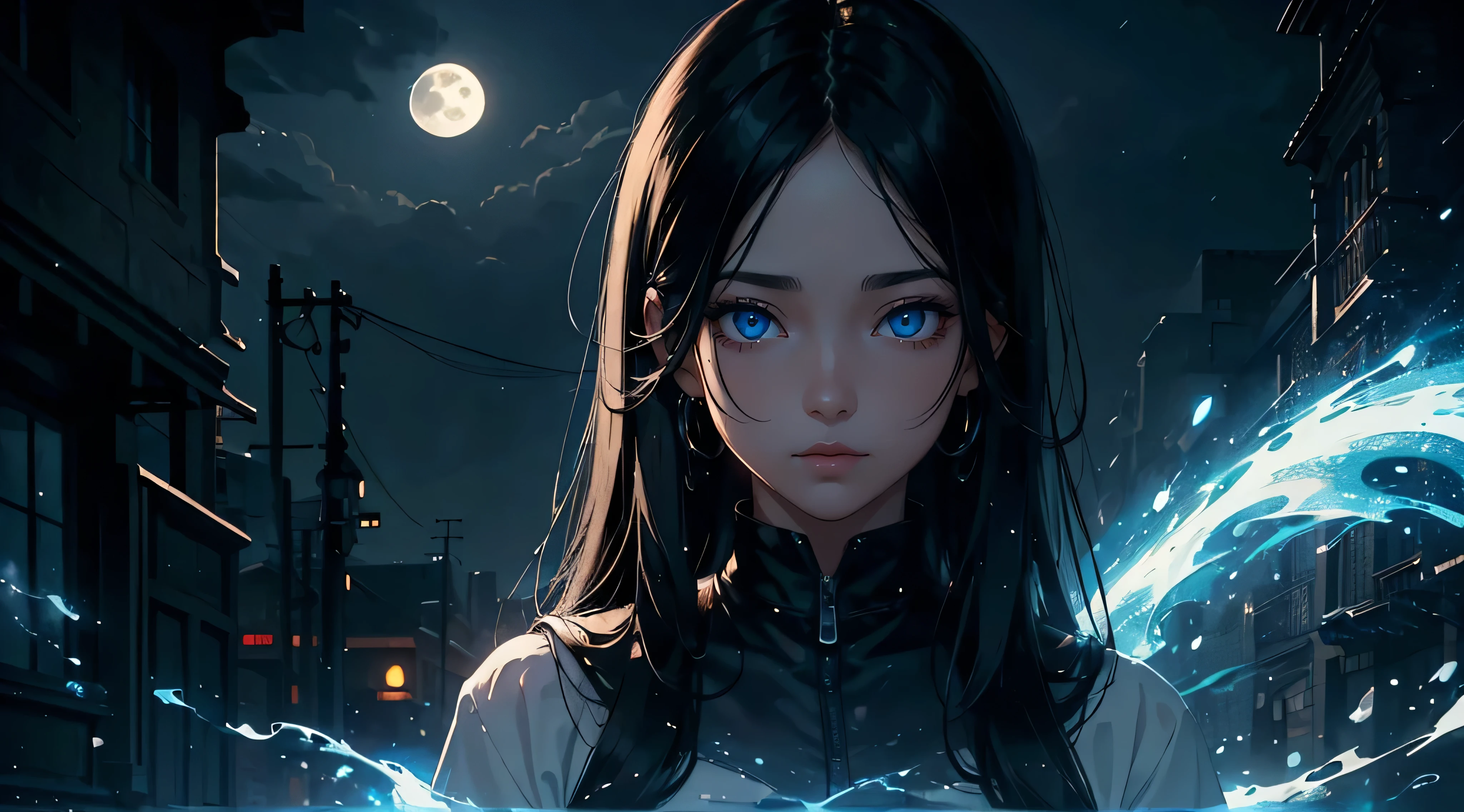((best quality)), ((masterpiece)), (detailed), perfect face, a girl with black hair,long hair, blue eyss, in the night, in the light of the moon, volumetric lighting, volumetric shadows, Masterpiece, Best quality, sky, raining detail,