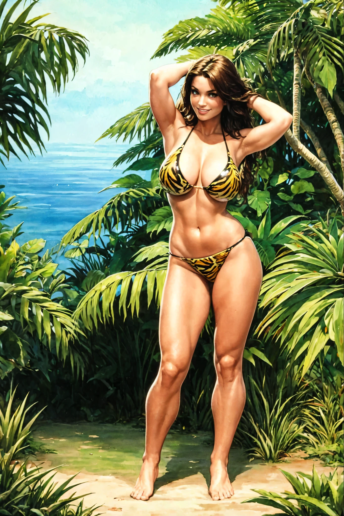 (best quality, masterpiece:1.2), ultra detailed, (sharpness:1.3), 1girl (cavewoman), (print bikini), side view, smile, jungle, dynamic pose, full body, intrincate details, watercolor, 8k