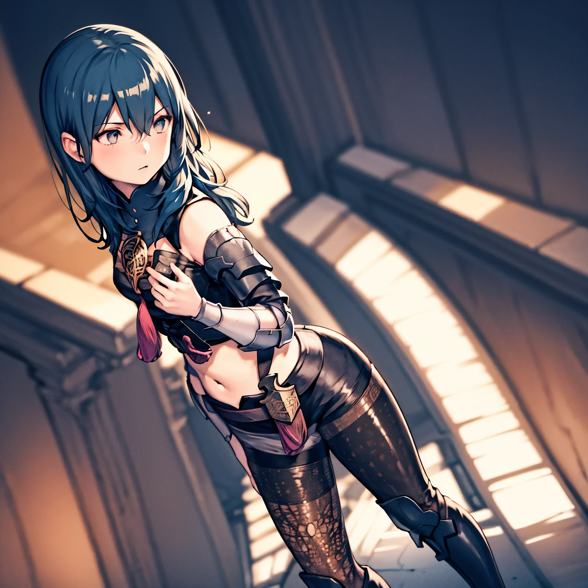fembyleth, detached collar, black cape, black crop top, breastplate, tassel, belt, short shorts, gauntlets, patterned pantyhose, high heel boots