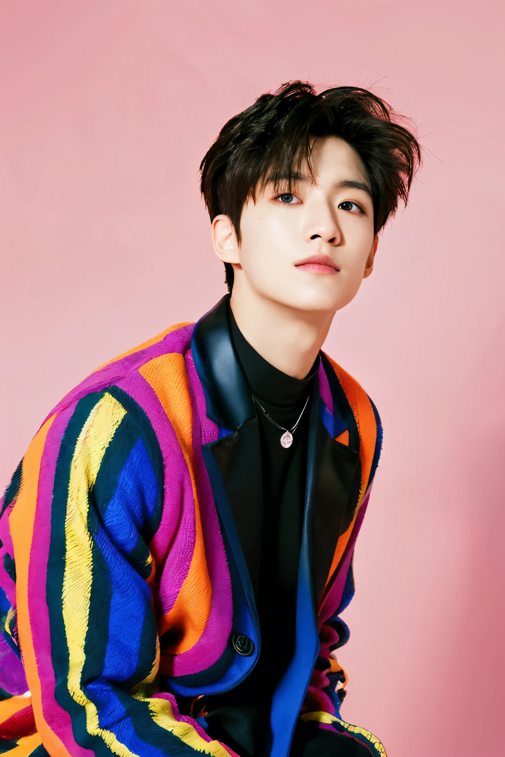 Full colorful background and backdrop,magazine photo,no text,short blazer,Handsome korean male,Center-parted hairstyle,a cassock,worship,Camera angle,Tilt angle,