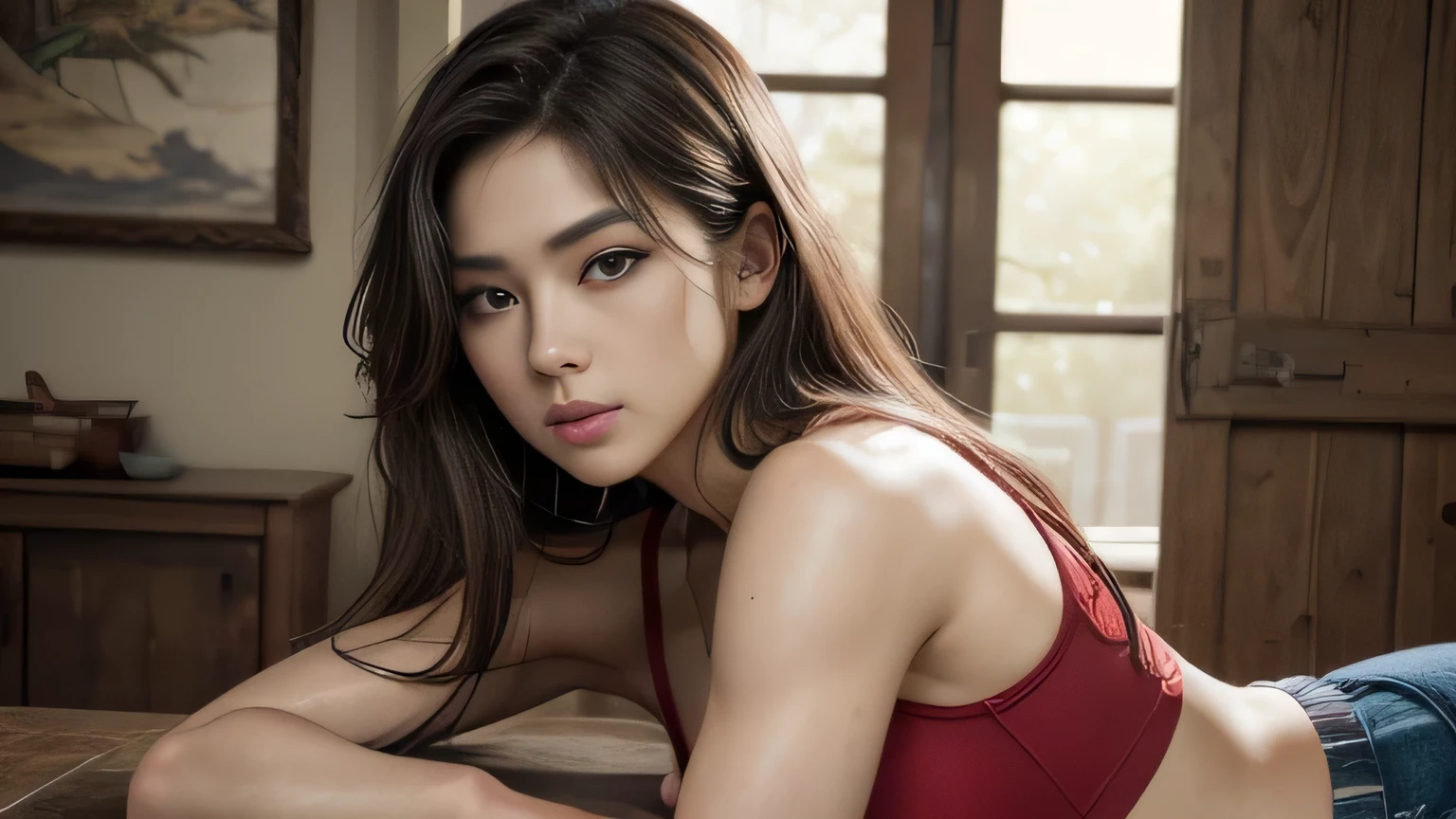 highest quality, masterpiece, Ultra-high resolution, (Realistic:1.4), RAW Photos, 32K Portrait, Very detailed, Cowboy Shot, Dynamic pose,
One Girl, 30 years old, The most famous Japanese idol、Butt、Japan'most popular cheerleader, Just wear red clothes, Sleeveless Cheerleader Uniform, An innocent smile, View your audience, 上を向いたButt,
Very cute face, Stunningly beautiful big black eyes, Very beautiful hair, Very beautiful lips, Very beautiful skin, Very beautiful breasts, Very beautiful body, Very beautiful arms, Five perfect fingers, とても美しいButt, Very beautiful thighs,
Detailed face, fine grain, Detailed Hair, Detailed lips, Detailed skin, Detailed body, Detailed Weapons, Detailed five fingers, Detailed red Sleeveless Cheerleader Uniform, Detailed hips, Thigh details