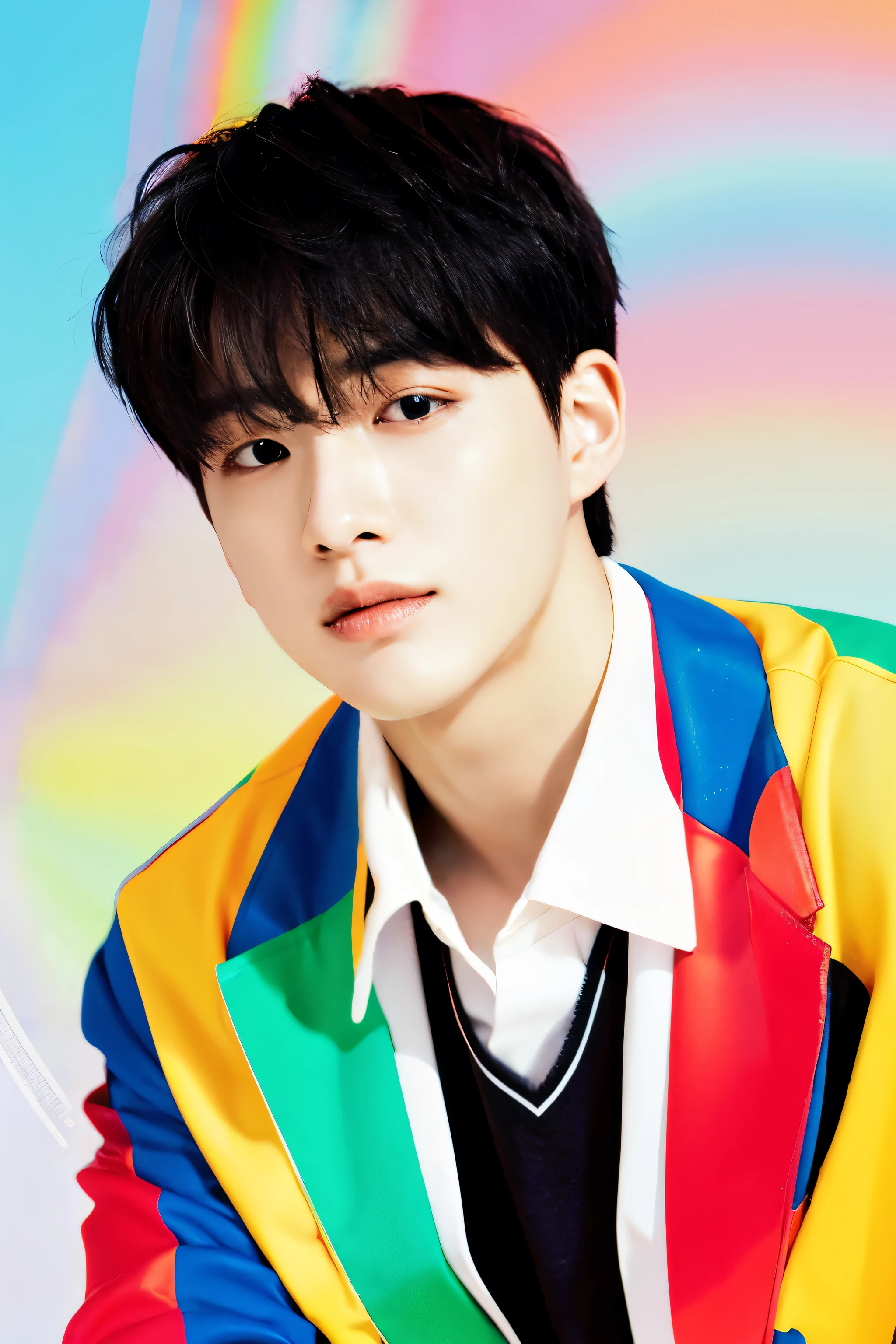 Full colorful background and backdrop,magazine photo,no text,short blazer,Handsome korean male,Center-parted hairstyle,a cassock,worship,Tilt angle,