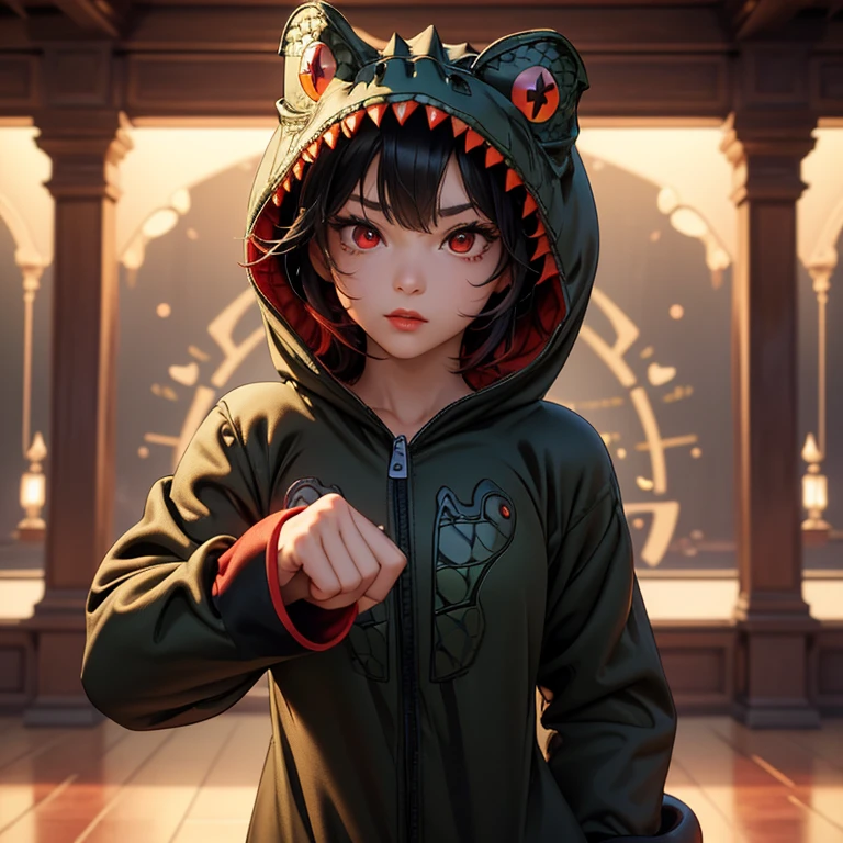 Alone, A girl is wearing (alligator kigurumi: 1.4), (open lace: 1.2), (fighting stance: 1.2), room full of stuffed animals, detailed, Black hair, short messy hair with highlights, red highlights, color of hair: 1.4), (Beautiful and detailed red eyes: 1.3), red lips, (bright skin: 1.2), skin with organic anatomical shape, correct texture, Cinematic lighting, vivid colors, contour shading, movement lines, stroke radius, intricate details, masterpiece, High definition, 8K, best image quality, high resolution, 4K, HDR, ultra detailed, depth of field.