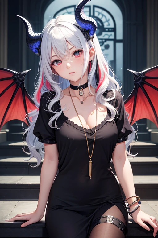 1girl, wavy hair, scales on face, dragon wings, dragon horns, scaled humanoid, Wear casual clothes with accessories, choker, staircase, looking at viewer, armband, head tilt, multicolored hair, full shot