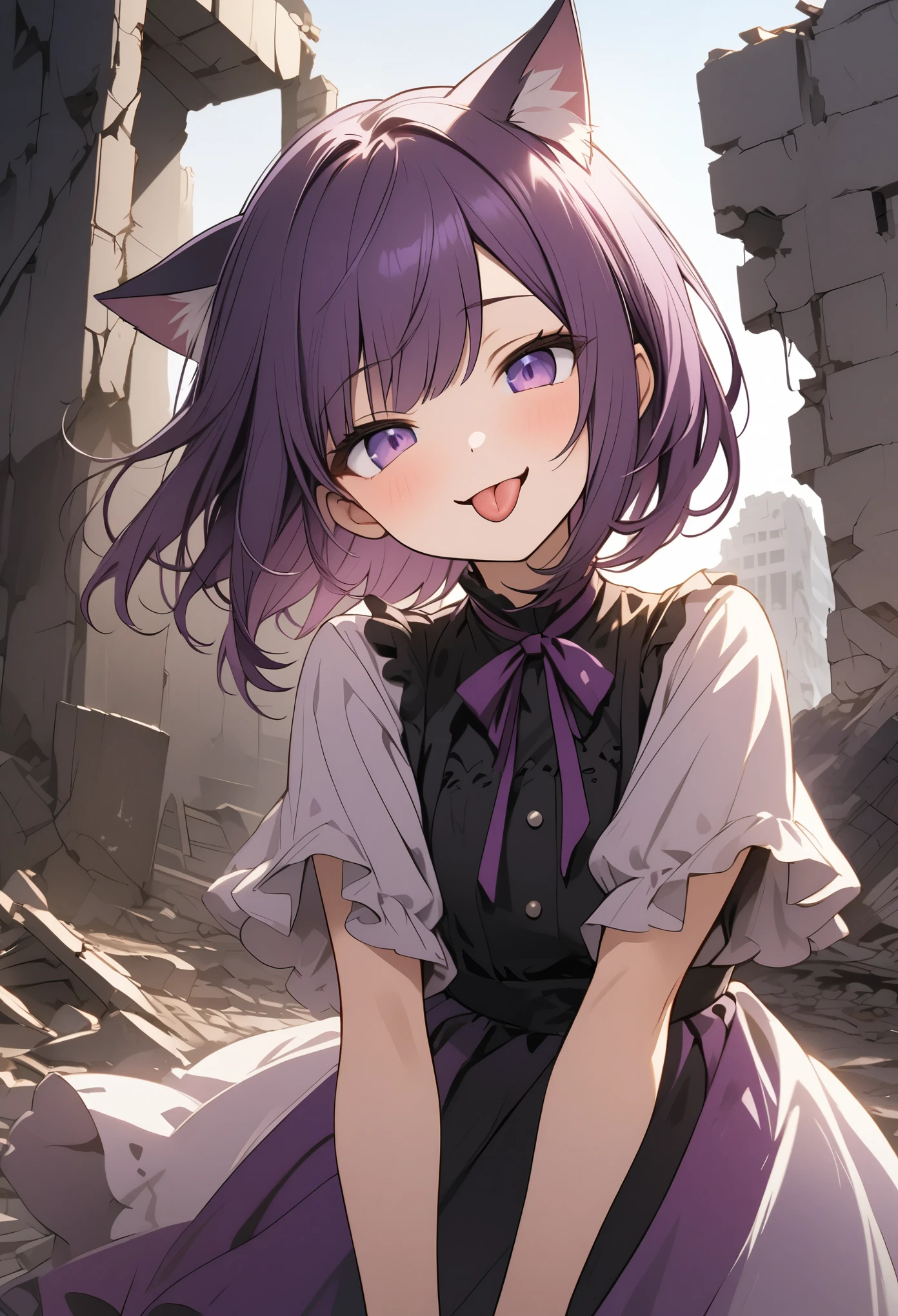 cute girl, All purple, short hair, bangs, slanted eyes, purple eyes, purple hair, cat ears, sticking out tongue, very smile, on the Beautiful ruins,