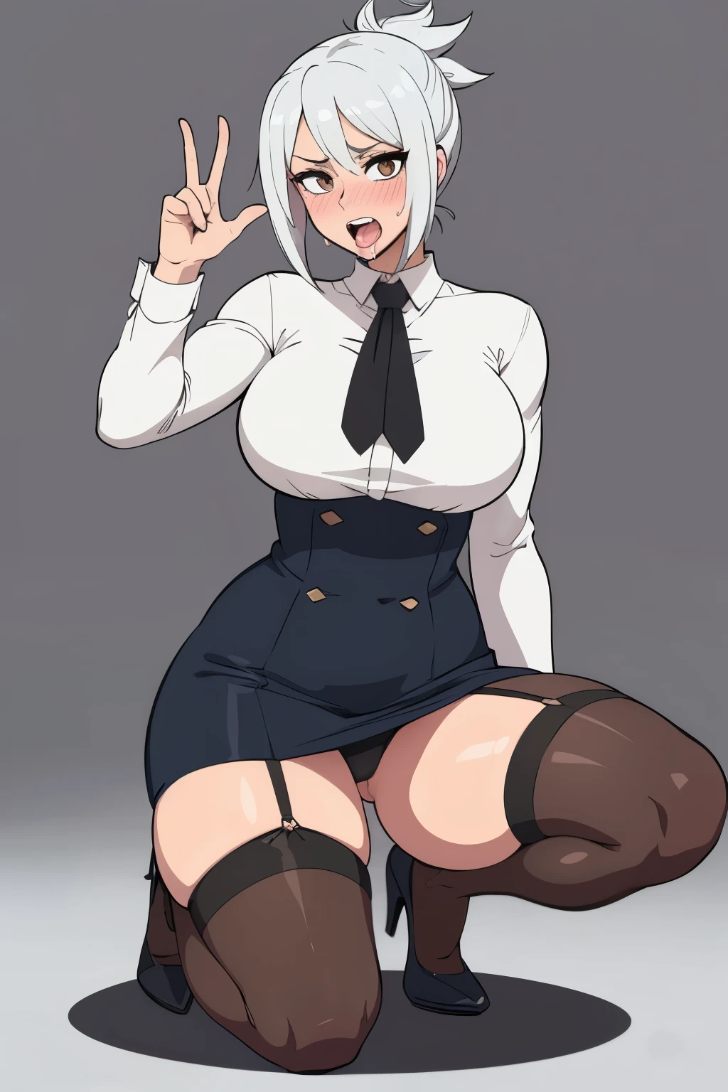 masterpiece, best quality, ultra-detailed, illustration, colorful, flat color, depth of field, 1girl, riven, anime, staying on her knees on the floor, silver hair, short hair, folded ponytail, brown eyes, looking at viewer, white shirt, black tie, black pencil skirt, thighhighs, garter straps, detailed skin texture, detailed cloth texture, beautiful detailed face, blush, shy, large breasts, view from front, fit, hourglass figure, high heels, open mouth, saliva, tongue out, showing double v sign