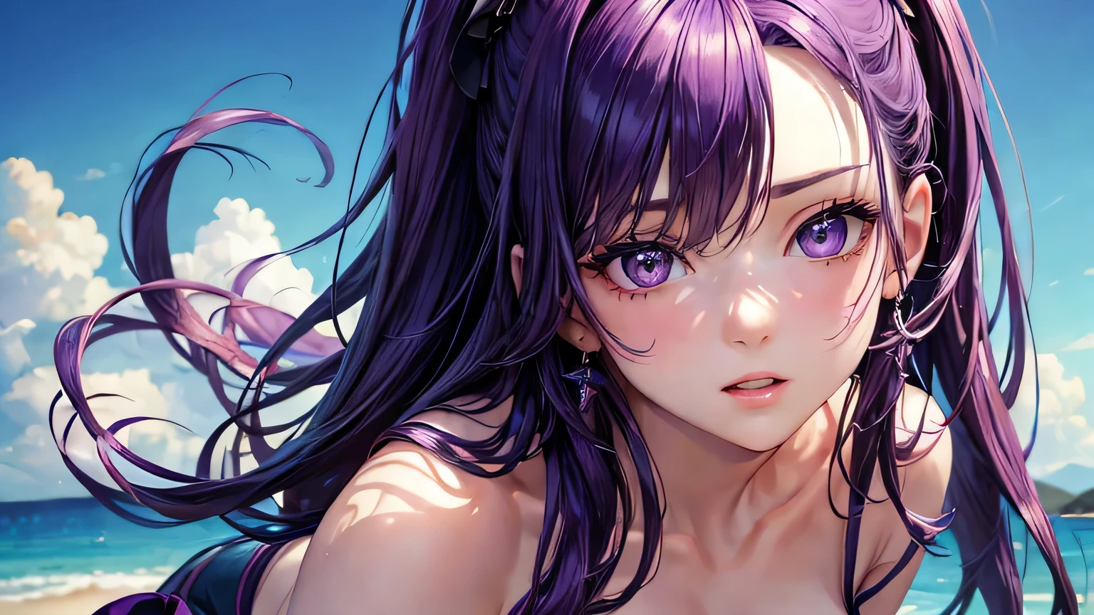 (((Masterpiece、Ultra high definition、Ultra HD、8K Quality)))、(((A woman in a purple micro bikini))), (((Purple Hair、Updo)))、Purple Eyes、((Bangs))、Pink Lips、tiara, scenery, Sexy expression, ((Very detailed)), (Perfectly detailed face), (Detailed and well-drawn hand) 、Very large breasts、Cute Smile、Photorealistic images 、 (((Picture from the waist up)))、Earrings、bracelet、ring