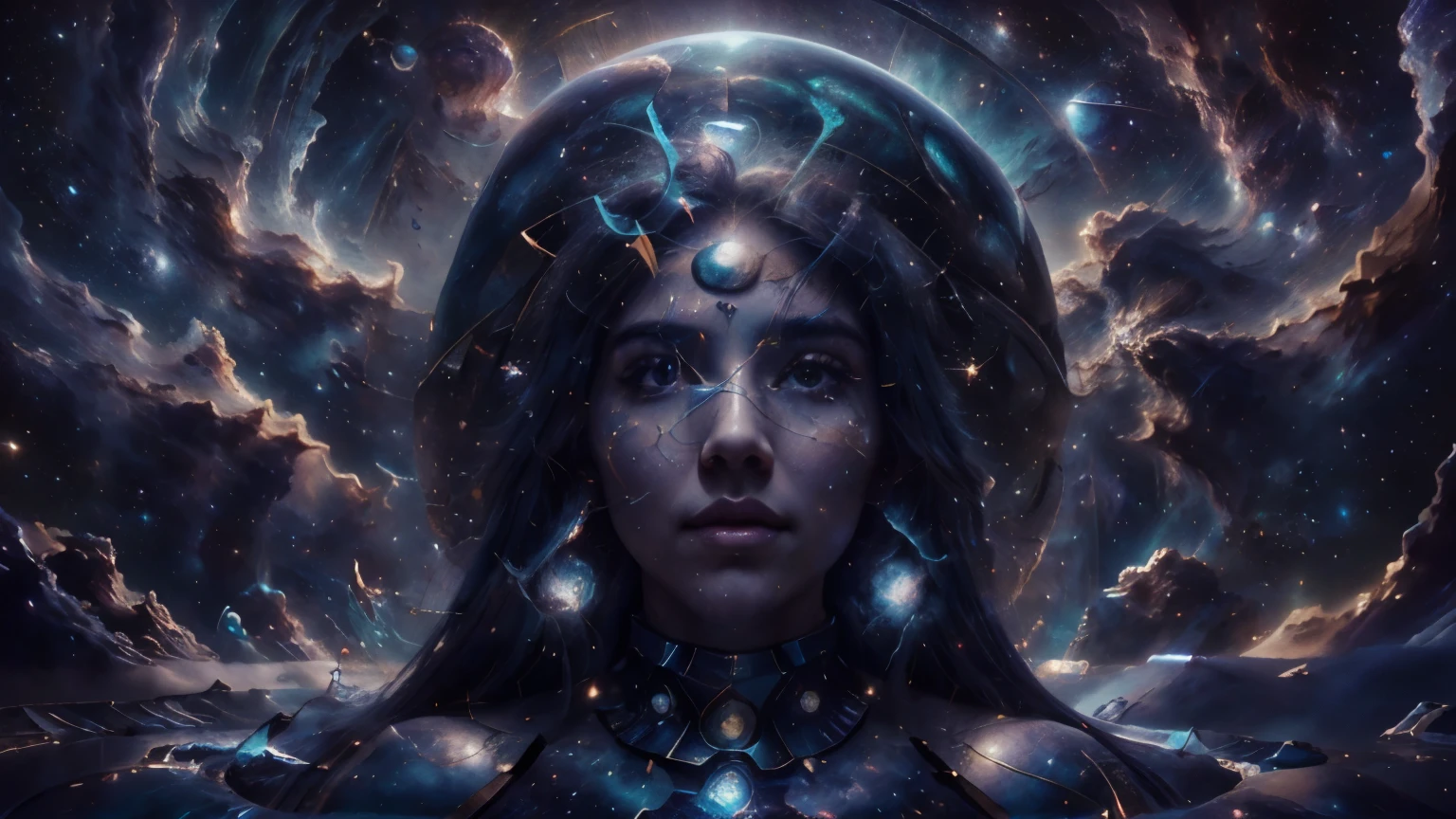 Magical digital art, cosmic goddess with long hair among the stars, rosto bonito, cabelos compridos, Flying hair, constellations, stardust, pele brilhante, deusa cosmica, rosto perfeito, cosmic, space, Incredible, Breathtaking, sonho , Colorido, saturno, nebulosa, maravilhoso, energetic, contraste, Jupiter, misterioso, cinematic, space profundo, epic, intricado,Surrealismo, epic, (Long exposure:1), melhor qualidade, luz clara, luz escura, wallpaper, wallpaper, tema cosmico. light blue coloring, luz azul clara, HD, 