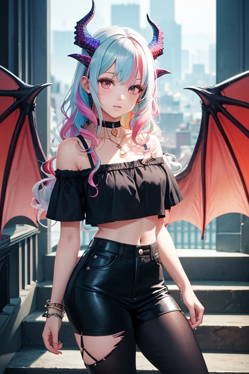 1girl, wavy hair, scales on face, dragon wings, dragon horns, scaled humanoid, Wear casual clothes, flashy clothes, choker, staircase, looking at viewer, armband, multicolored hair, full shot
