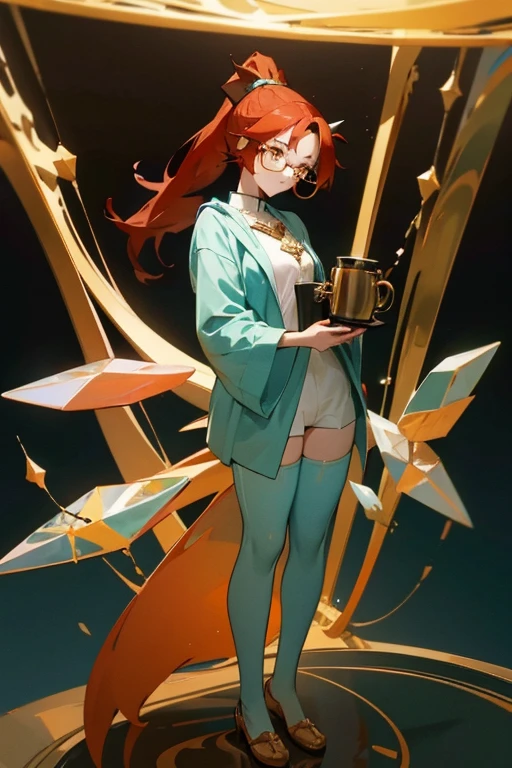 librarian girl, (sleepwear), fantasy themed, color palette teal gold white black, full body view, ((half body view)), (((glasses))), red hair, ponytail, crystals, golden eyes, holding a stuffed animal and has a coffee mug on her head, very tired expression from working
