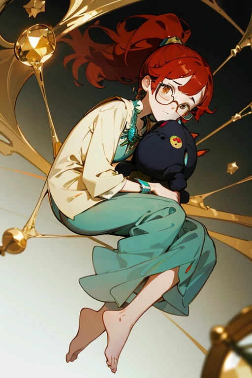 librarian girl, (sleepwear), fantasy themed, color palette teal gold white black, full body view, ((half body view)), (((glasses))), red hair, ponytail, crystals, golden eyes, holding a stuffed animal, very tired expression from working, close up