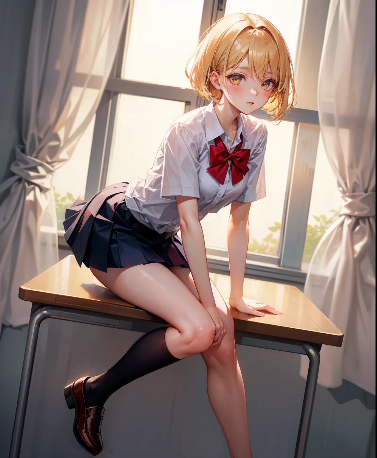 Dynamic posing, dynamic angle, Arrange pose,Top quality work,Show Legs,(short golden hair),(golden eyes), lovely red lips, Rose cheeks, Pretty Face, A perfectly proportioned face, school shirt with red bow and black skirt, (school uniform), white stockings,in classroom,full-body view, amazing, Large round chest、Beautiful eye details、Beautiful eyelashes、beautiful double eyelid, with blush cheeks, talking to viewer