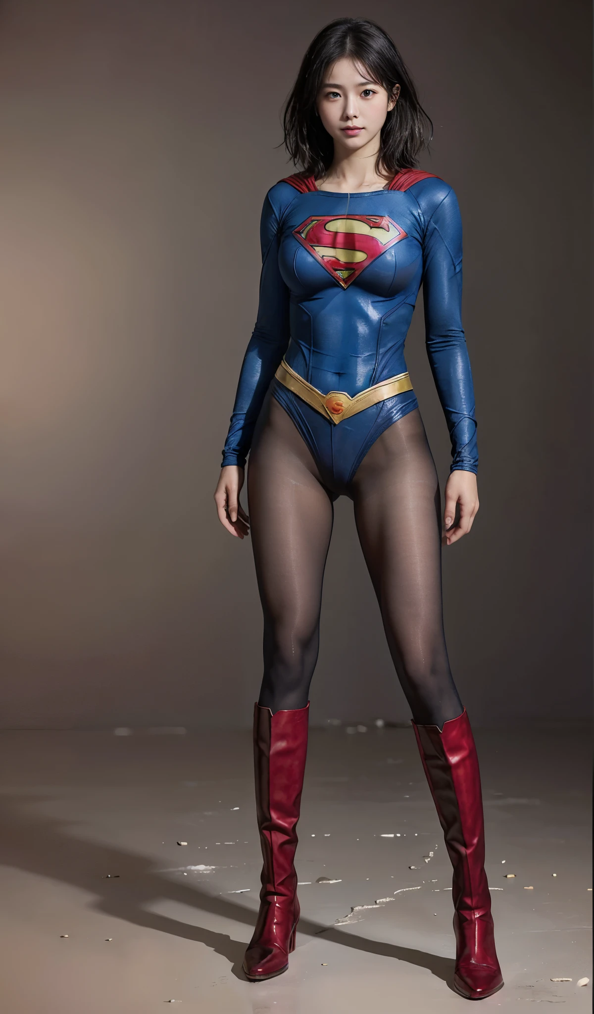 No background、(((Beautiful legs in black tights.)))、(((Legally express the beauty of your smile)))、((((Make the most of your original images)))、(((Supergirl Costume)))、(((Beautiful short bob hair)))、(((suffering)))、(((Please wear black tights....、Wear red boots)))、((Best image quality、8k))、((highest quality、8k、masterpiece:1.3))、(((Preserve background )))、Sharp focus:1.2、Beautiful woman with perfect figure:1.4、Slim Abs:1.2、Wet body:1.5、Highly detailed face and skin texture、8k