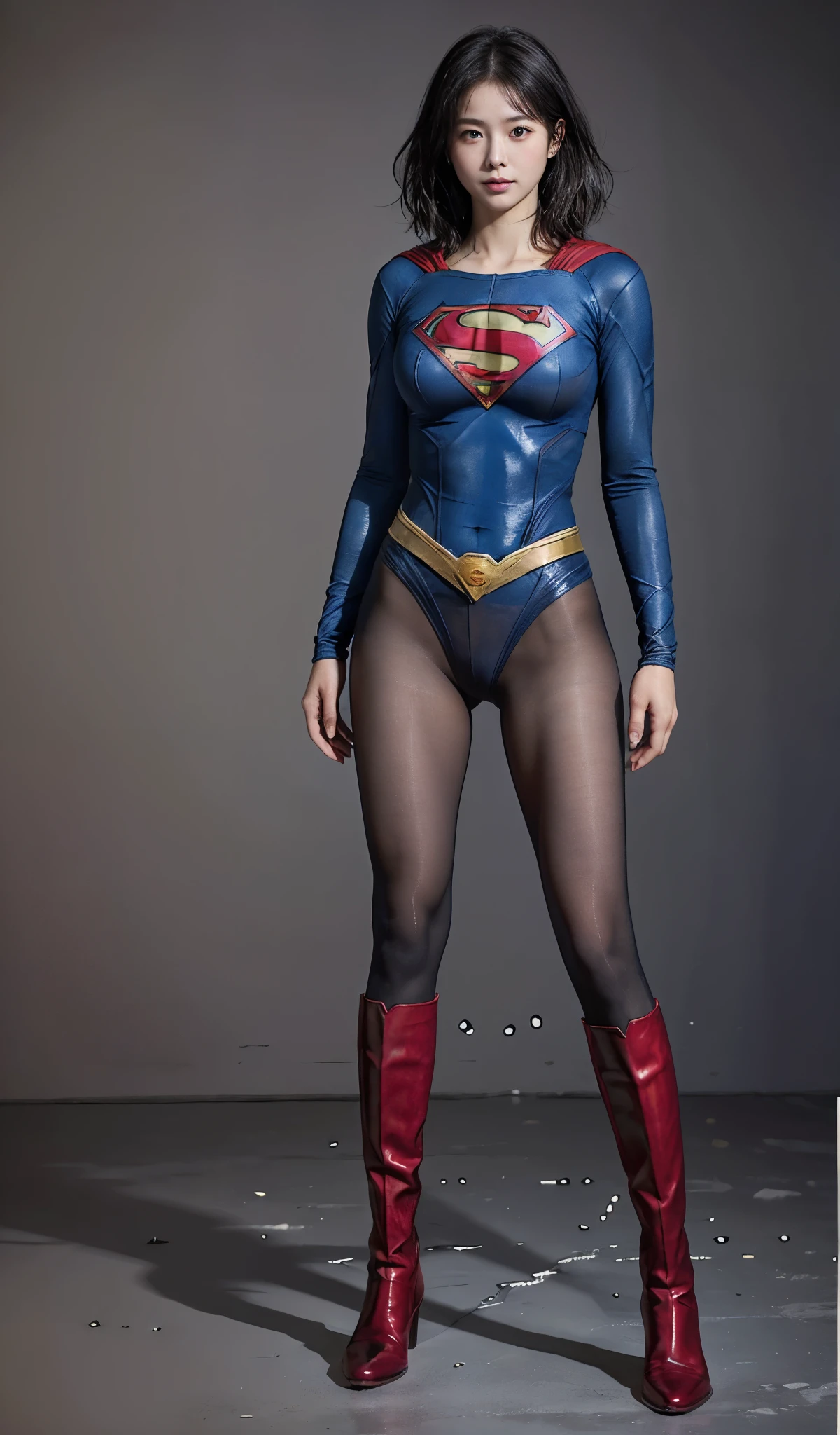 No background、(((Beautiful legs in black tights.)))、(((Legally express the beauty of your smile)))、((((Make the most of your original images)))、(((Supergirl Costume)))、(((Beautiful short bob hair)))、(((suffering)))、(((Please wear black tights....、Wear red boots)))、((Best image quality、8k))、((highest quality、8k、masterpiece:1.3))、(((Preserve background )))、Sharp focus:1.2、Beautiful woman with perfect figure:1.4、Slim Abs:1.2、Wet body:1.5、Highly detailed face and skin texture、8k