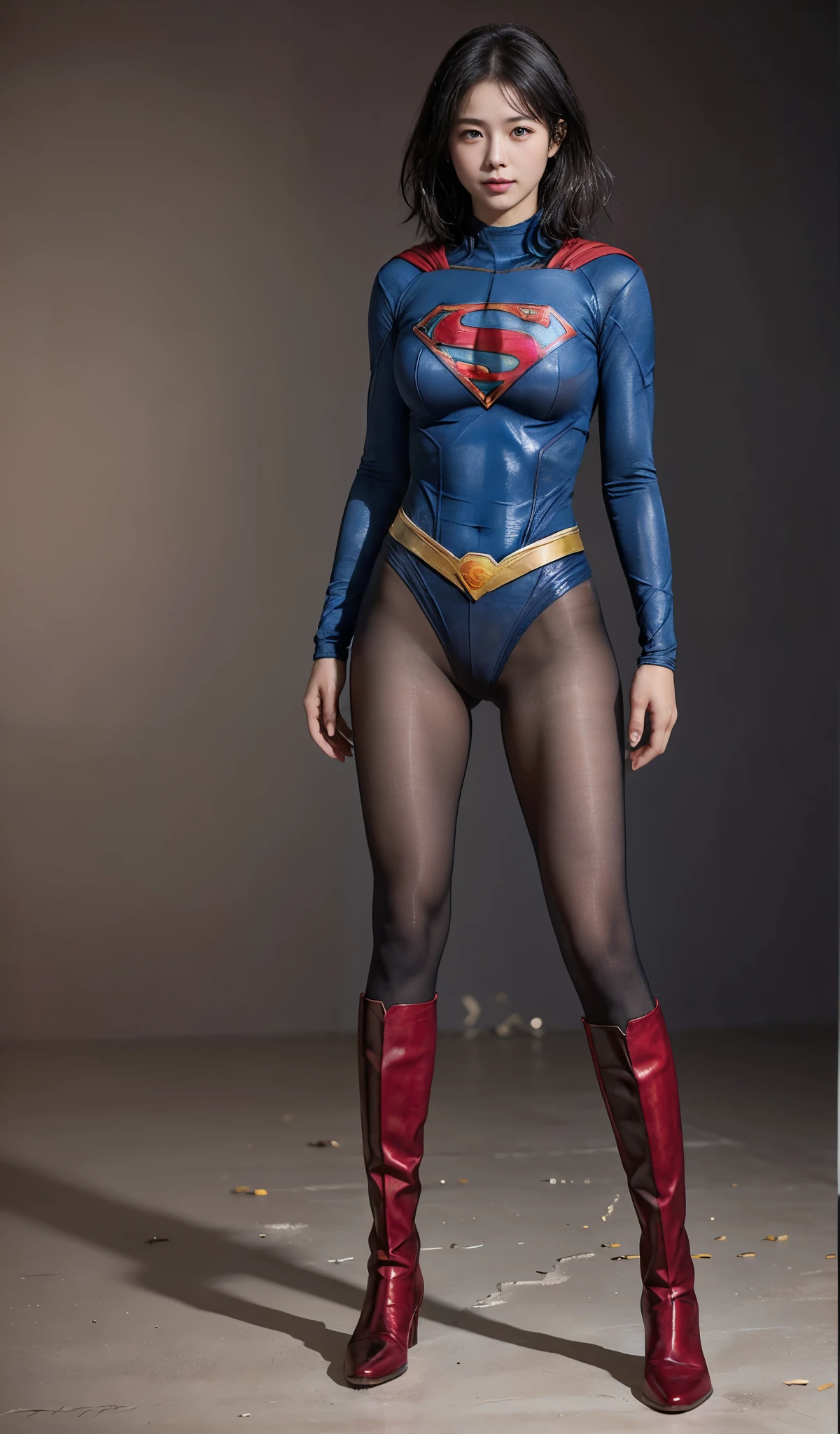 No background、(((Beautiful legs in black tights.)))、(((Legally express the beauty of your smile)))、((((Make the most of your original images)))、(((Supergirl Costume)))、(((Beautiful short bob hair)))、(((suffering)))、(((Please wear black tights....、Wear red boots)))、((Best image quality、8k))、((highest quality、8k、masterpiece:1.3))、(((Preserve background )))、Sharp focus:1.2、Beautiful woman with perfect figure:1.4、Slim Abs:1.2、Wet body:1.5、Highly detailed face and skin texture、8k