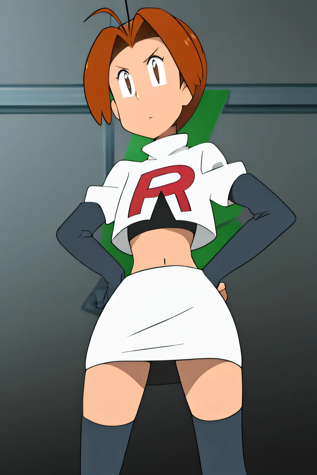 deliaketchum, gentle eyes ,brown hair, (brown eyes:1.7), parted bangs, (ahoge:1.5), ponytail, low ponytail, glossy lips, light makeup, eye shadow, earringsmasterpiece,best quality,high res,high quality,8k, masterpiece,highres, team rocket uniform, red letter r, white skirt,white crop top,black thigh-high boots, black elbow gloves, glaring angrily, looking down at viewer, hands on hips, cowboy shot, zettai ryouiki,spread legs,from below, black panties,anime style, vivid colors, sharp focus, intense lighting,